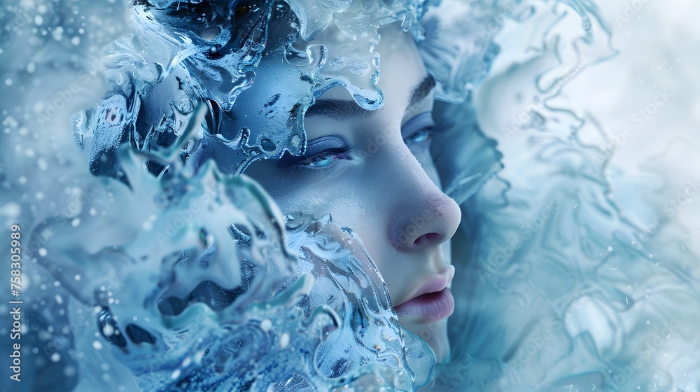 Ethereal Woman Encased in Icy Blue Dreamscape Gazing Through Frosted Window Pane
