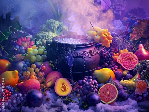 3D Illustrate of A bubbling poison cauldron surrounded by an assortment of exotic tempting fruits.