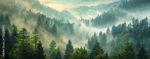 Misty Forest With Dense Trees