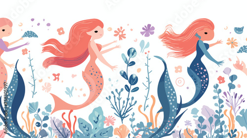 A whimsical pattern of mermaids swimming with dolph photo