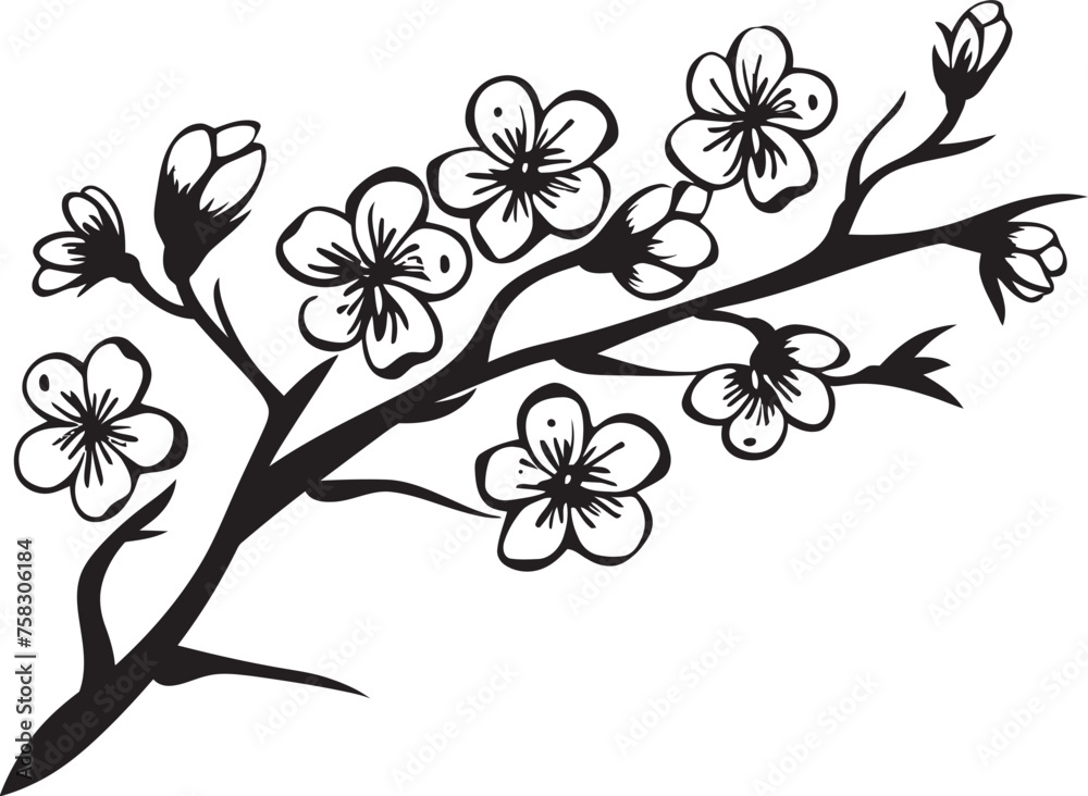 Obsidian Sakura Silhouette: Black Logo on Cherry Blossom Tree Branch Ebony Blossom Bough: Cherry Blossom Vector in Black on Twig Obsidian Sakura Silhouette: Black Logo on Cherry Blossom Tree Branch Ebony Blossom Bough: Cherry Blossom Vector in Black on Twig