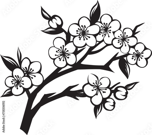 Midnight Sakura Majesty: Cherry Blossom Emblem in Black Vector Stealthy Cherry Blossom: Black Logo on Twig Icon