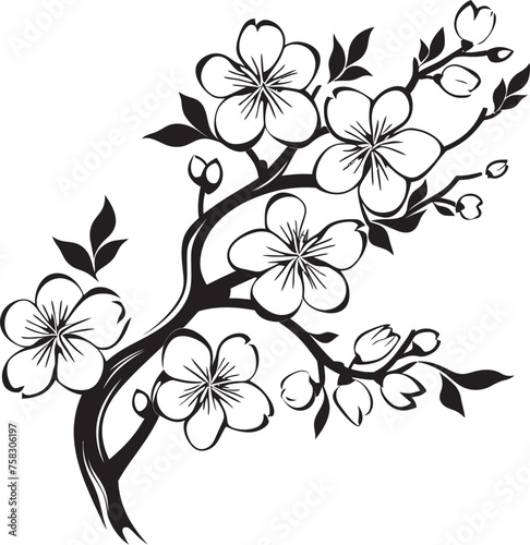 Ebony Sakura Silhouette  Cherry Blossom Icon on Black Twig Shadowed Sakura Serenity  Black Logo on Tree Branch Icon