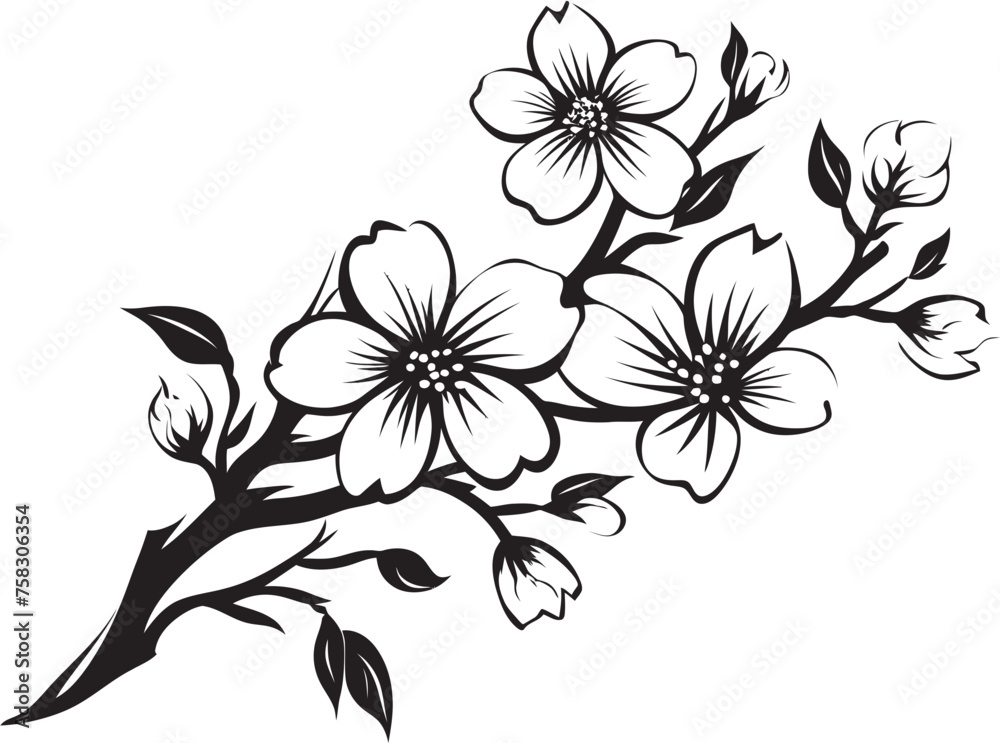 Obraz premium Ebony Blossom Bough: Cherry Blossom Vector in Black on Twig Shadowed Sakura Serenity: Black Logo on Branch Icon