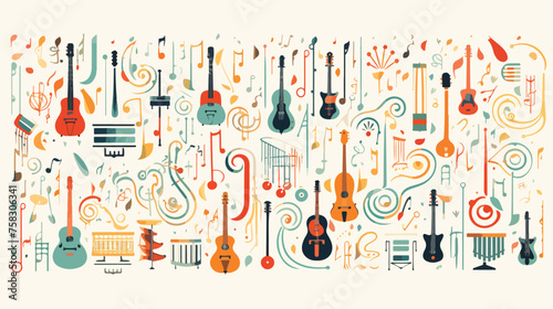 A whimsical pattern of musical notes and instrument