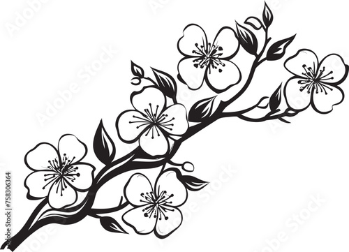 Twilight Sakura Elegance: Cherry Blossom Vector on Black Branch Darkened Bloom Bough: Black Cherry Blossom Logo on Twig Vector