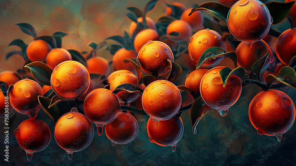 Grafika przedstawiająca gałązkę krzewu pomarańczy pokrytą szadzią, z której zaczyna skapywać roztopiona woda - obrazy, fototapety, plakaty 
