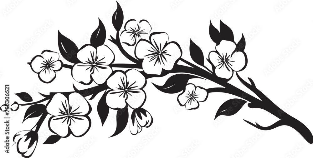 Darkened Bloom Bough: Black Logo on Twig Icon Noir Cherry Blossom: Cherry Blossom Emblem in Black