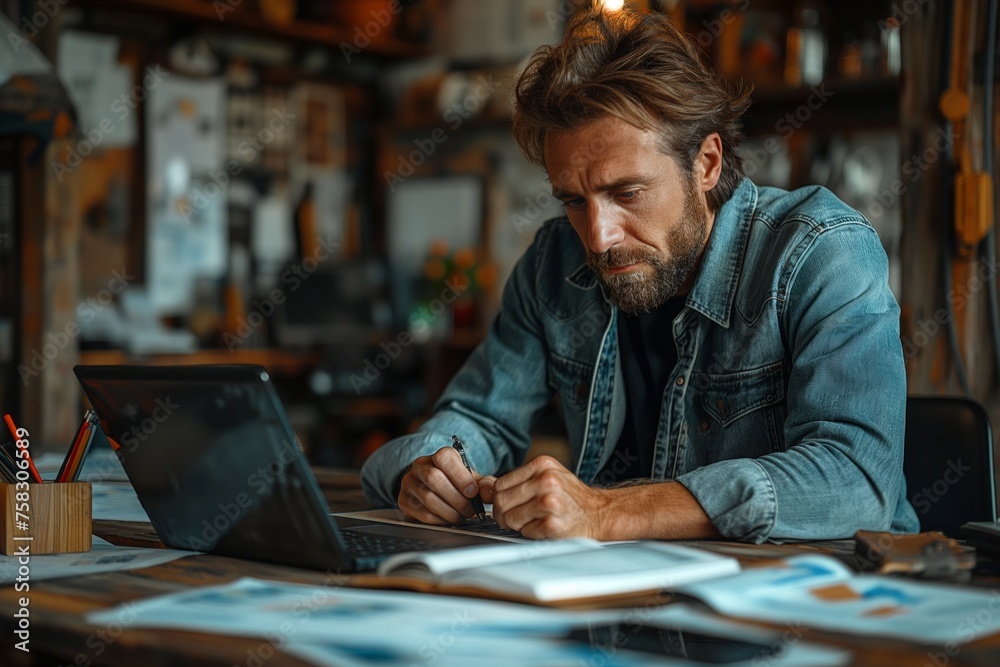A deeply focused business man works in a rustic home office, writing intently in a notepad while his laptop churns out graphs, surrounded by the warm and inviting atmosphere of the workspace. A deeply focused business man works in a rustic home office, writing intently in a notepad while his laptop churns out graphs, surrounded by the warm and inviting atmosphere of the workspace.