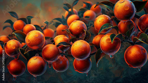 Grafika przedstawiająca gałązkę krzewu pomarańczy pokrytą szadzią, z której zaczyna skapywać roztopiona woda