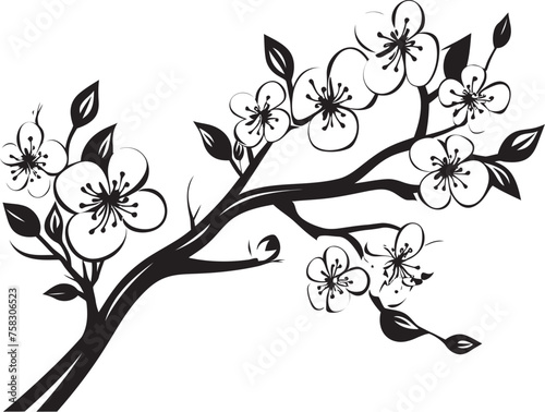Midnight Sakura Silhouette  Black Logo on Branch Icon Obsidian Blooms  Cherry Blossom Tree in Vector