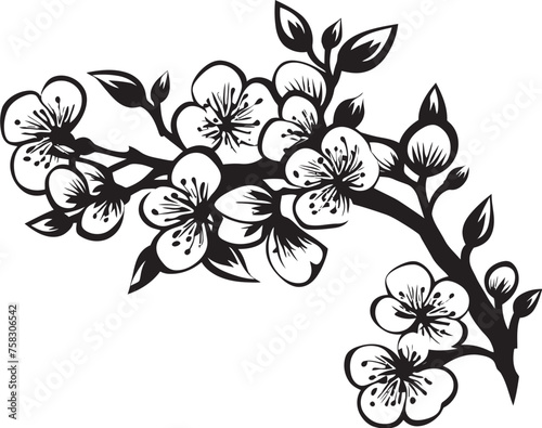 Twilight Sakura Silhouette: Cherry Blossom Vector in Black Darkened Sakura Essence: Black Logo on Twig
