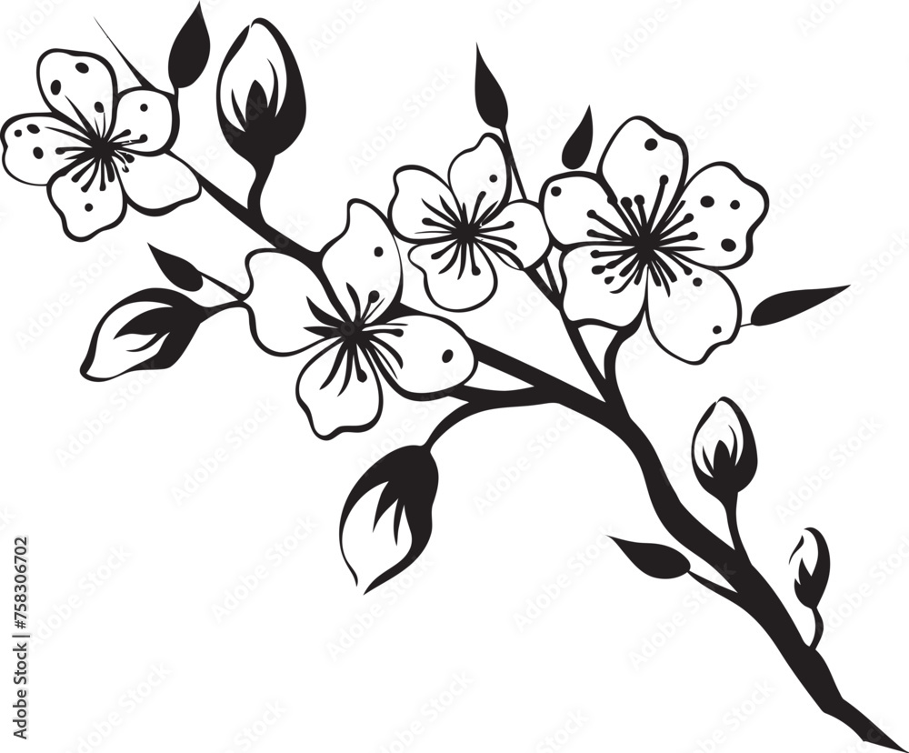 Shadowed Sakura Silhouette: Black Logo on Tree Branch Icon Stealthy Cherry Blossom: Vector Black Icon Design on Branch