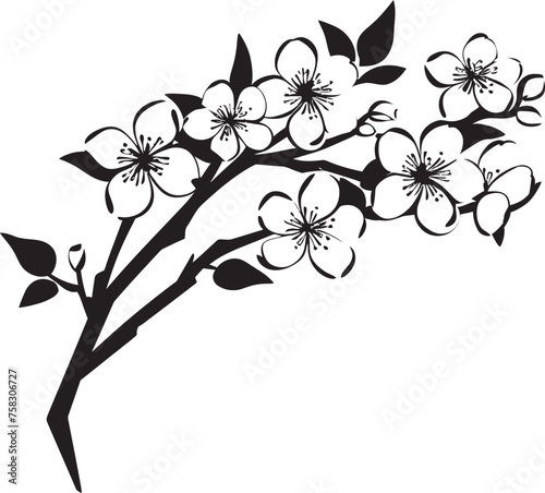 Darkened Sakura Silhouette: Black Logo on Twig Icon Midnight Bloom Majesty: Black Cherry Blossom Tree Branch Vector Logo