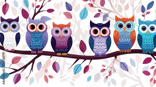 A whimsical pattern of owls perched on branches wit