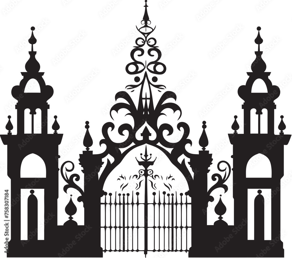 Intricate Scrollwork Arch: Vector Black Logo featuring Church Gate, Scrolls, and Leaves Leafy Arch Emblem: Church Gate with Scrolls and Leaves in Black Logo Design