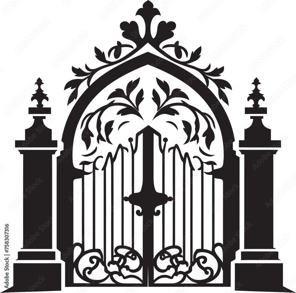 Intricate Scrollwork Arch: Vector Black Logo with Church Gate, Scrolls, and Leaves Ornate Leafy Portal: Church Gate with Scrolls and Leaves in Black Logo