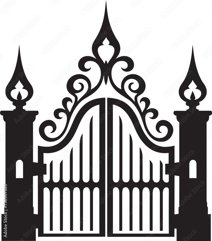 Ornamental Scrollwork Gateway: Vector Black Logo featuring Church Gate, Scrolls, and Leaves Leafy Arch Emblem: Church Gate with Scrolls and Leaves in Black Logo Design