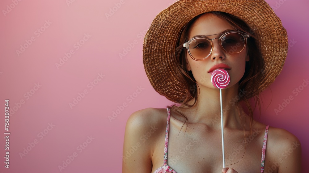 Woman in Straw Hat and Sunglasses Holding Lollipop Woman in Straw Hat and Sunglasses Holding Lollipop