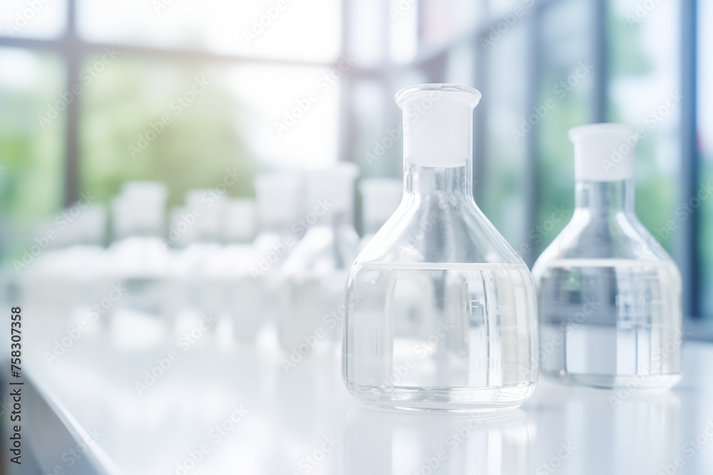 Transparent laboratory flasks set against the backdrop of a laboratory filled with pure water, providing ample space for accompanying text. This captivating image evokes the precision and scientific Transparent laboratory flasks set against the backdrop of a laboratory filled with pure water, providing ample space for accompanying text. This captivating image evokes the precision and scientific
