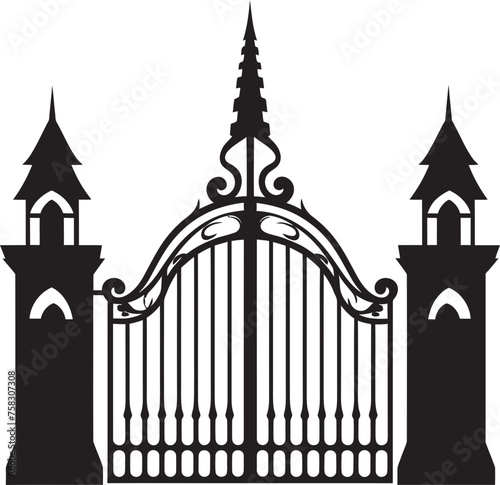 Scroll-adorned Sanctuary Entrance: Church Gate with Scrolls and Leaves in Black Logo Design Intricate Scrollwork Arch: Vector Black Logo with Church Gate, Scrolls, and Leaves