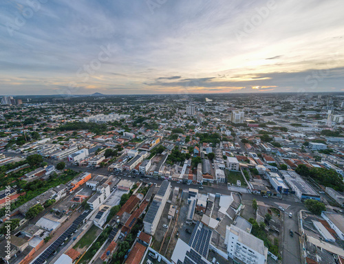 Aerial city scape at sunset during summer in Cuiaba Mato Grosso