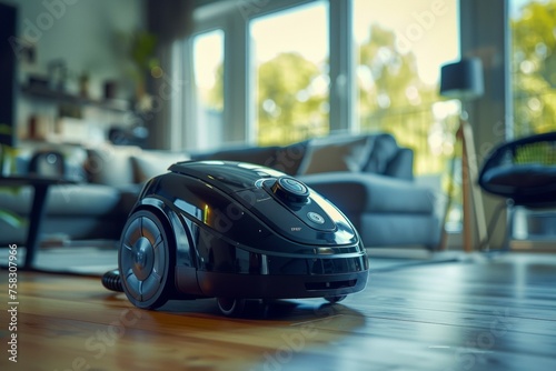 A black robot vacuum cleaner is sitting on a wooden floor in a living room