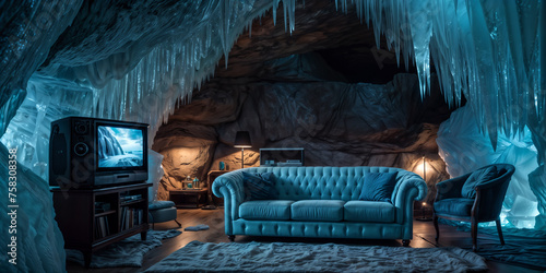 living room with blue lighting and an ice cave theme, including frozen furniture and a TV