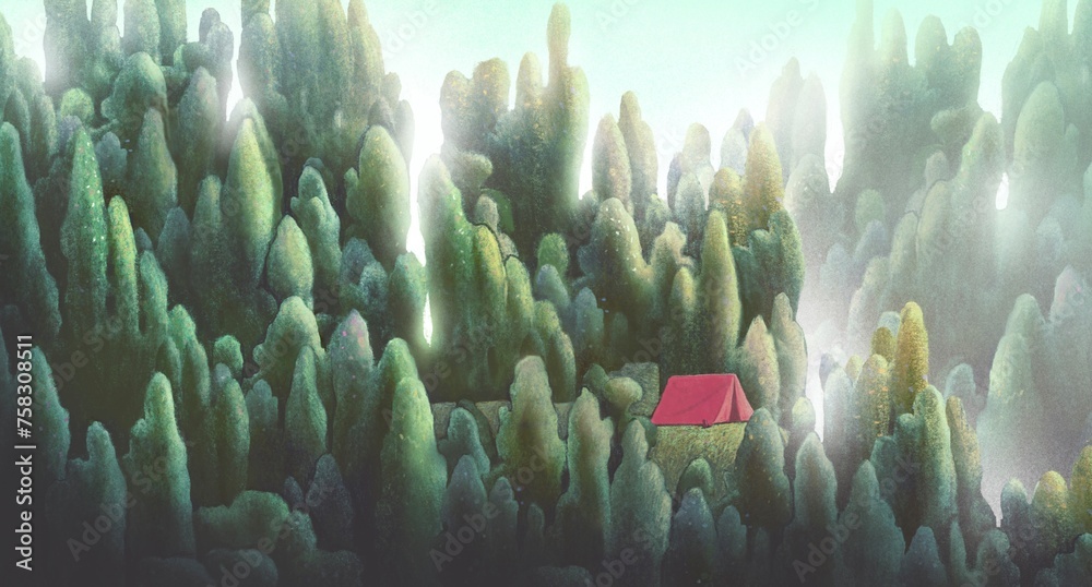 Tent in the forest. travel and nature concept art. 