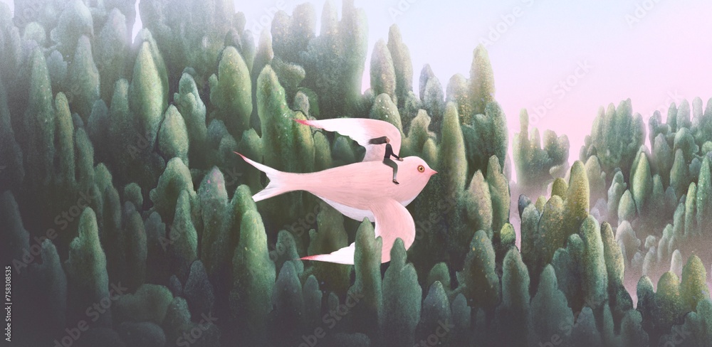 Woman riding bird and the forest. fantasy art. surreal painting. happiness, freedom and hope concept. - obrazy, fototapety, plakaty 