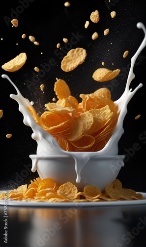 of cornflakes and cream fall into a bowl.