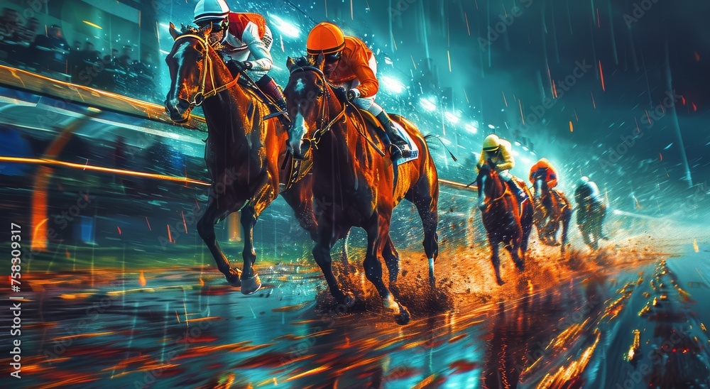 Two Jockeys Racing Horses in the Rain - obrazy, fototapety, plakaty 