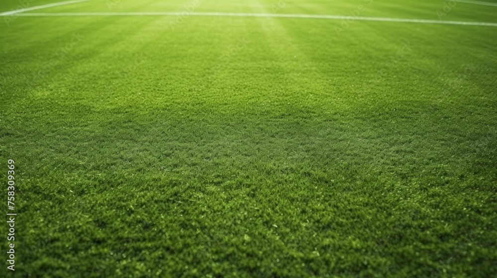 Green synthetic grass on soccer field with goal and shadow for optimal sports ground