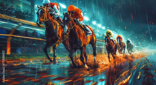 Two Jockeys Racing Horses in the Rain photo