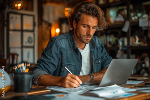 A young, determined man is deeply engrossed in his work on a laptop at a wooden desk filled with papers and sketches, in a cozy, warmly-lit office environment.