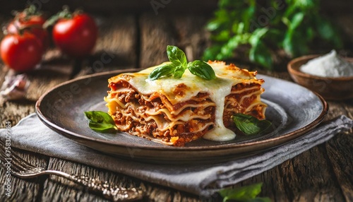 Bolognese lasagna on plate. With generative AI technology.