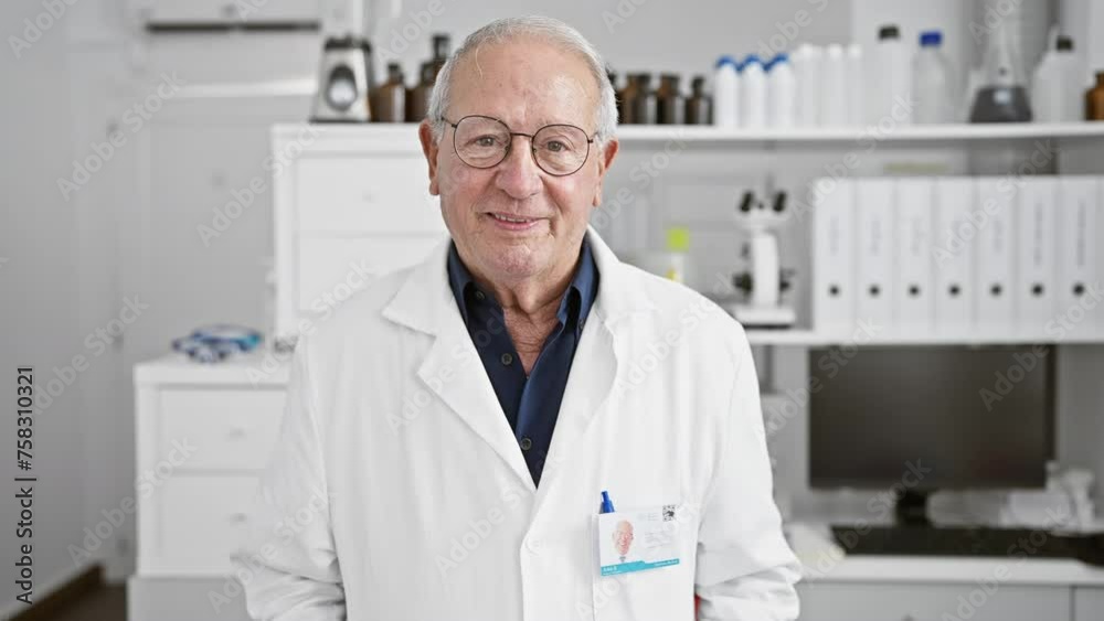 Confident, smiling senior man, a seasoned scientist, working with a beam in his lab. portrait of a male professional immersed in medical research, exuding happiness and technology expertise. Confident, smiling senior man, a seasoned scientist, working with a beam in his lab. portrait of a male professional immersed in medical research, exuding happiness and technology expertise.