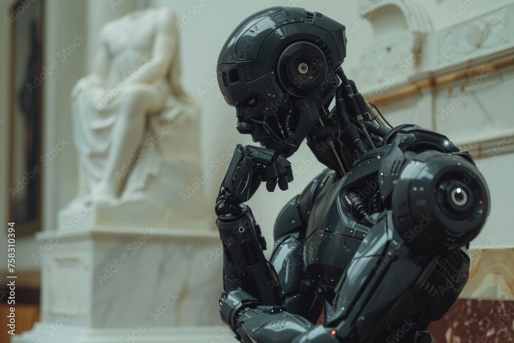 A robot is sitting in front of a statue of a man. Robot art critic, AI in culture A robot is sitting in front of a statue of a man. Robot art critic, AI in culture