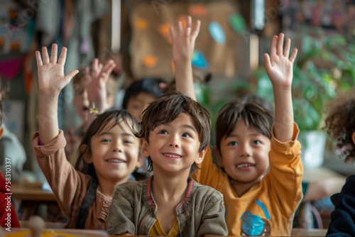 A group of children are sitting in a classroom and raising their hands