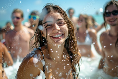 A woman is smiling and splashing water on her face. Summer foam party concept