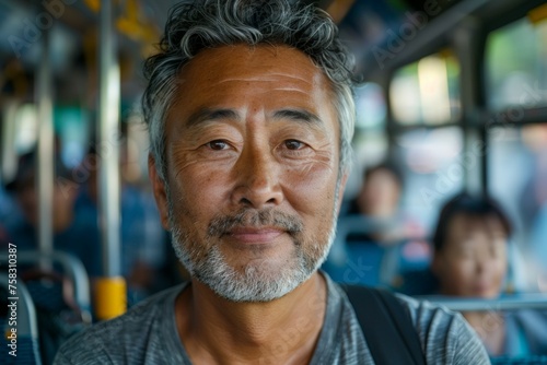 A man travels on public transport from work. Background with selective focus and copy space