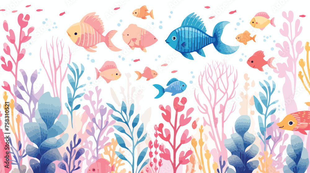 A whimsical underwater scene with colorful fish and