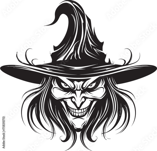 "Cryptic Coven: Creepy Witch Emblem in Black" "Dusk's Descent: Sinister Female Witch Logo"