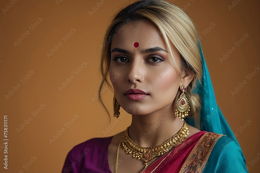 Mesmerizing beauty of a blonde model in a close-up shot, elegantly styled in a colorful saree, with the studio background. Mesmerizing beauty of a blonde model in a close-up shot, elegantly styled in a colorful saree, with the studio background.