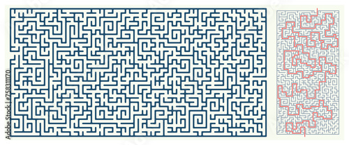 Labyrinth (maze) game vector with solution. Fun maze design vector graphic.