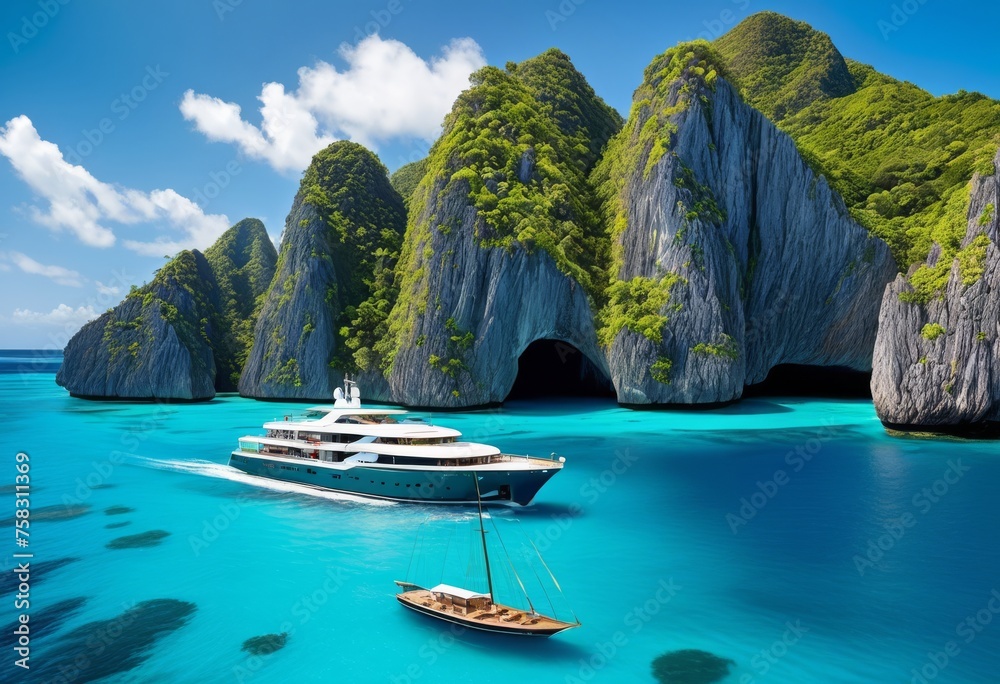 illustration, luxurious ocean cruise vacation stunning views tropical islands crystal clear waters, luxury, sunbathing, deck, swimming, pool