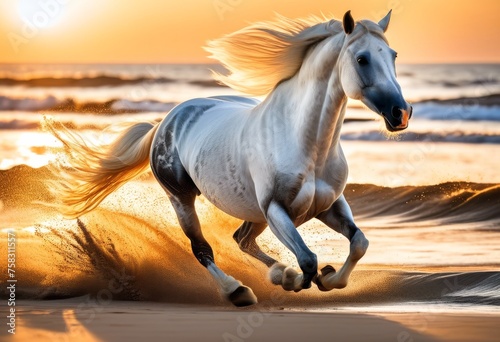 illustration  majestic white horse galloping sandy beach under clear blue sky sunset   majestic   beauty   nature   animal   equine   running