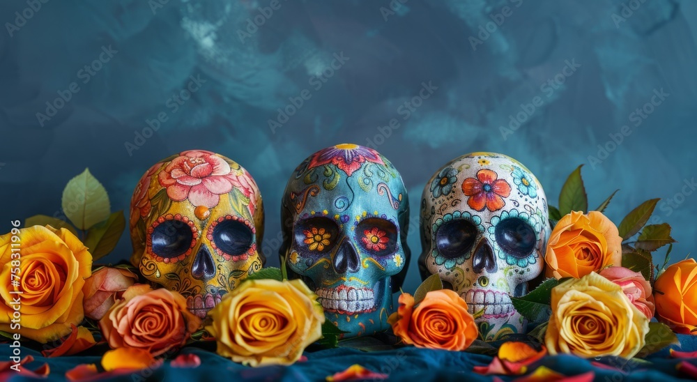 Day of the Dead themed digital backdrop, three sugar skulls, vibrant colors, dark blue background, orange and yellow roses Generative AI - obrazy, fototapety, plakaty 