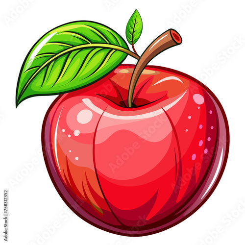 Illustration of a red apple with leaves on a white background.