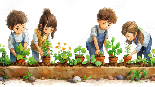children gardening in a raised bed  learning horticulture in a side view PNG  in a farming-themed  isolated  and transparent cartoon illustration.  Generative ai